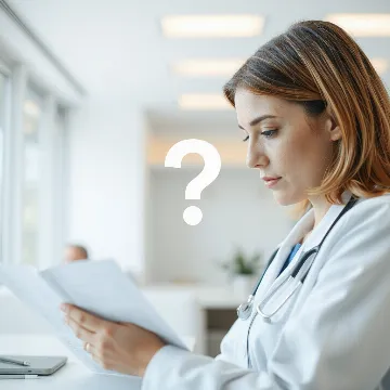Person studying medical information with a question mark icon