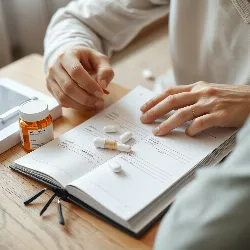 Person managing symptoms with a diary and medication