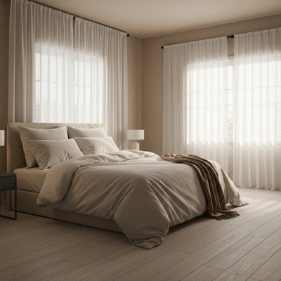Serene bedroom with soft lighting and cozy bedding