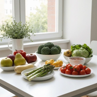 Healthy food spread with fruits and vegetables